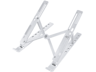 Support d'ordinateur portable argenté, plié, avec un logo ACT. Il est sur un fond blanc.