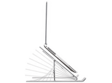 Charger l&#39;image dans la galerie, Ordinateur portable sur un support réglable. Le support est argenté et l&#39;ordinateur portable est ouvert.
