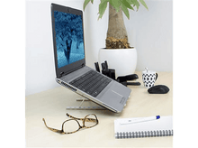 Charger l&#39;image dans la galerie, Ordinateur portable sur un support, écran affichant une scène d&#39;arbre bleu. À côté, plante, stylos, tasse à café et lunettes.
