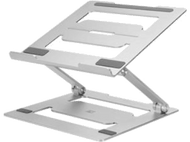 Un support pour ordinateur portable argenté, réglable, avec des coussinets gris sur la base et le dessus.