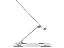 Charger l&#39;image dans la galerie, Support d&#39;ordinateur portable argenté, réglable, avec une base et un support incliné.
