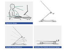 Charger l&#39;image dans la galerie, Diagrammes montrant un support pour ordinateur portable avec un design ergonomique et plusieurs positions.
