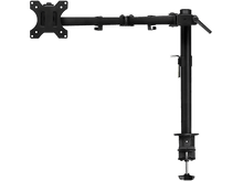 Charger l&#39;image dans la galerie, Un bras de moniteur noir pour monter un moniteur. Isolé sur fond noir.
