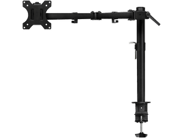 Un bras de moniteur noir pour monter un moniteur. Isolé sur fond noir.