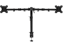 Charger l&#39;image dans la galerie, Un support de moniteur noir avec deux bras. Chaque bras a deux plaques de montage.
