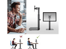 Charger l&#39;image dans la galerie, Homme près d&#39;un ordinateur, support d&#39;écran et schémas de posture assise.
