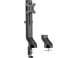 Support de bras de moniteur noir avec support vertical et un support plus petit sur fond blanc.