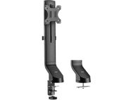 Support de bras de moniteur noir avec support vertical et un support plus petit sur fond blanc.