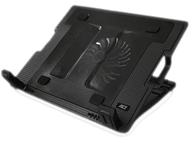 Refroidisseur d'ordinateur portable noir, incliné, avec un ventilateur et un dessus en maille, avec le logo 'ACT'.