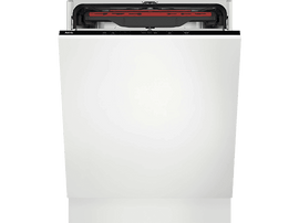 Lave-vaisselle AEG blanc avec porte ouverte, intérieur rouge.