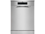 Lave-vaisselle AEG argenté avec panneau de commande et porte fermée.