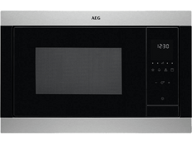 Micro-ondes AEG avec affichage numérique indiquant 12h30 et des boutons de commande.