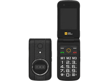 Charger l&#39;image dans la galerie, Un téléphone à clapet noir et jaune, ouvert. Un autre téléphone est vu de dos.
