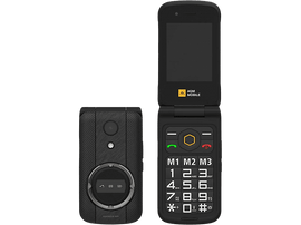 Un téléphone à clapet noir et jaune, ouvert. Un autre téléphone est vu de dos.