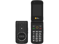 Un téléphone à clapet noir et jaune, ouvert. Un autre téléphone est vu de dos.