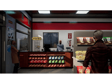 Charger l&#39;image dans la galerie, À l&#39;intérieur d&#39;un magasin. Un caissier et un client sont présents. Des étagères avec des collations sont visibles.
