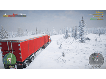 Charger l&#39;image dans la galerie, Un camion rouge sur une route enneigée, avec des arbres et un paysage hivernal visibles.
