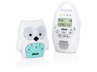 Babyphone blanc en forme de hibou et récepteur assorti avec écran. Statut connecté.