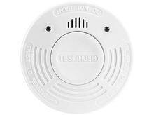 Charger l&#39;image dans la galerie, Détecteur de fumée blanc avec texte : Test/Hush, Tourner pour retirer et Tourner pour serrer.
