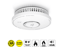 Charger l&#39;image dans la galerie, Détecteur de fumée blanc avec icônes, dont une flamme, et texte de garantie 10 ans.
