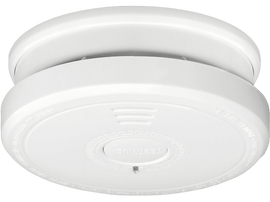 Détecteur de fumée blanc. Forme ronde, avec texte test et silence.