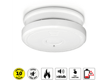 Charger l&#39;image dans la galerie, Détecteur de fumée blanc monté sur un plafond blanc. Il comporte des boutons de test et des icônes de sécurité visibles en surface.
