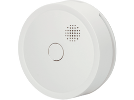 Détecteur de fumée blanc. Forme ronde avec bouton central et trous pour le haut-parleur.