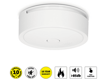 Charger l&#39;image dans la galerie, Détecteur de fumée blanc au plafond avec icônes : batterie, garantie, feu, son et test.
