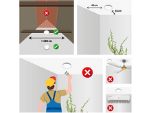 Charger l&#39;image dans la galerie, Diagramme montrant le placement des détecteurs de fumée au plafond et au mur. Inclut des configurations correctes et incorrectes.
