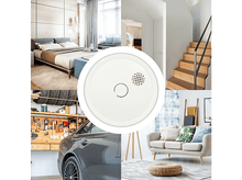 Charger l&#39;image dans la galerie, Un détecteur de fumée, entouré d&#39;images d&#39;une chambre, d&#39;escaliers, d&#39;un garage et d&#39;un salon.
