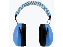 Charger l&#39;image dans la galerie, Cache-oreilles bleus avec serre-tête à carreaux, sur fond blanc.
