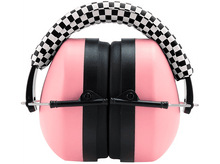 Charger l&#39;image dans la galerie, Cache-oreilles roses avec bandeau à carreaux noir et blanc, accents noirs, sur fond blanc.
