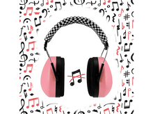 Charger l&#39;image dans la galerie, Protections auditives roses avec un bandeau à carreaux, sur un fond de notes de musique.
