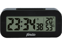 Charger l&#39;image dans la galerie, Une horloge numérique noire affichant l&#39;heure, la température et l&#39;humidité.
