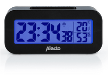 Charger l&#39;image dans la galerie, Réveil numérique noir avec écran bleu, affichant l&#39;heure, la date et la température.
