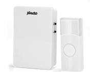 Un ensemble de sonnette Alecto blanc. Il se compose d'un récepteur et d'un bouton-poussoir. Fond noir.