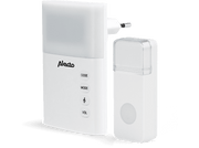 Sonnette Alecto blanche et récepteur enfichable avec lumière. Fond noir. Bouton et paramètres visibles.