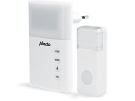 Sonnette Alecto blanche et récepteur enfichable avec lumière. Fond noir. Bouton et paramètres visibles.