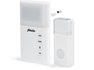 Sonnette Alecto blanche et récepteur enfichable avec lumière. Fond noir. Bouton et paramètres visibles.