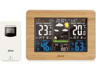 Station météo numérique. Affiche la température extérieure et intérieure, l'humidité et la phase lunaire. Cadre en bois.