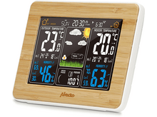 Charger l&#39;image dans la galerie, Station météo numérique avec cadre en bambou, affichant les données extérieures et intérieures.
