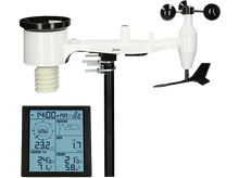 Charger l&#39;image dans la galerie, Station météo blanche avec anémomètre, pluviomètre et affichage numérique.
