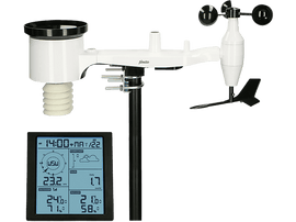 Station météo blanche avec anémomètre, pluviomètre et affichage numérique.