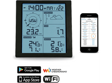 Charger l&#39;image dans la galerie, Une station météo noire avec un téléphone affichant des données météo.
