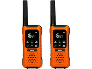 Deux talkies-walkies Alecto oranges avec des antennes noires. Chacun a un écran et plusieurs boutons.