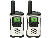 Charger l&#39;image dans la galerie, Deux talkies-walkies blancs et noirs avec des écrans verts affichant des chiffres et des icônes.
