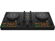 Une console DJ noire avec deux jog wheels et divers boutons.