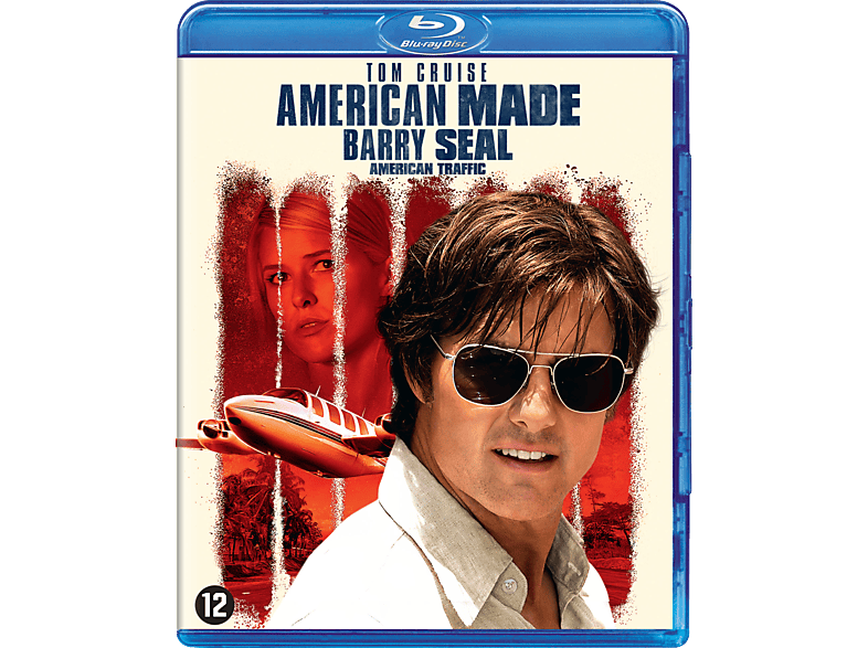 Couverture de disque Blu-ray pour "American Made" avec Tom Cruise et un avion, avec un cadre bleu.