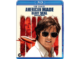 Couverture de disque Blu-ray pour "American Made" avec Tom Cruise et un avion, avec un cadre bleu.