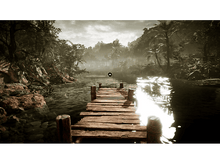 Charger l&#39;image dans la galerie, Une jetée en bois s&#39;étend dans un lac entouré d&#39;arbres verts sous un ciel nuageux.
